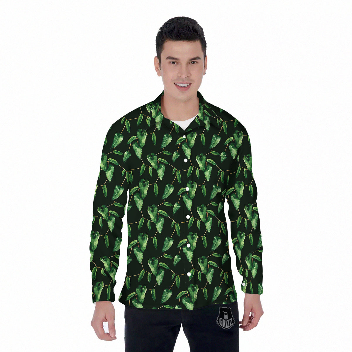 Ivy Leaf Watercolor Print Pattern Men's Long Sleeve Shirts-grizzshop