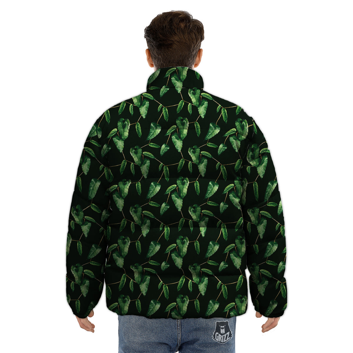 Ivy Leaf Watercolor Print Pattern Puffer Jacket-grizzshop