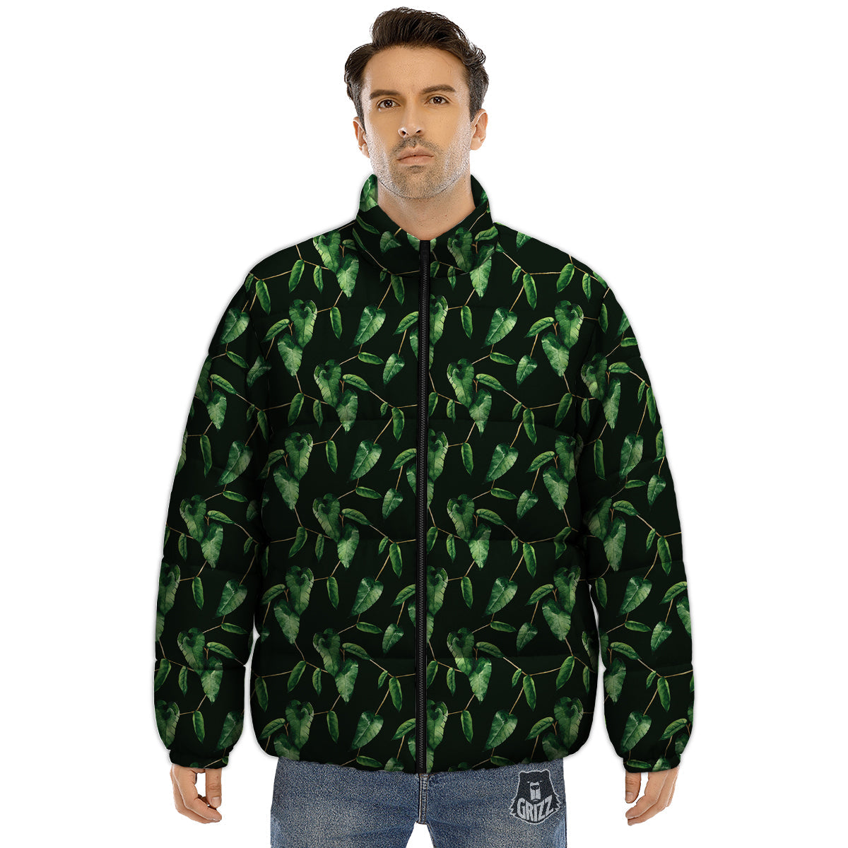 Ivy Leaf Watercolor Print Pattern Puffer Jacket-grizzshop