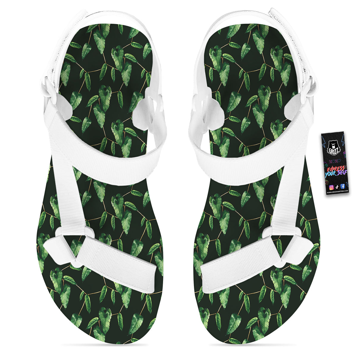 Ivy Leaf Watercolor Print Pattern White Open Toe Sandals-grizzshop