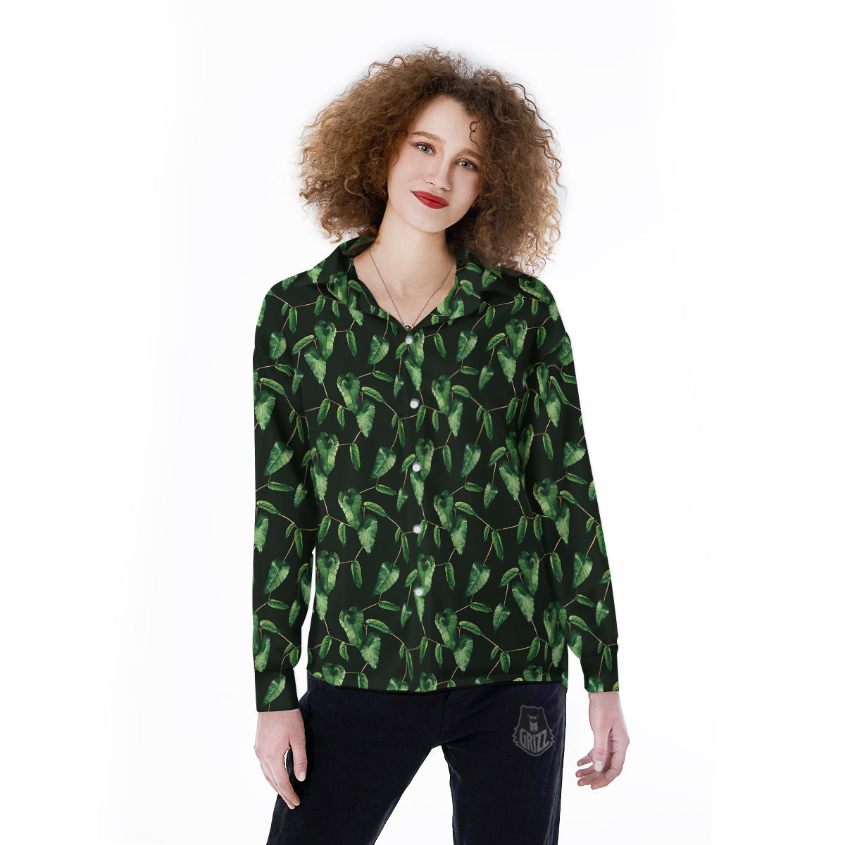 Ivy Leaf Watercolor Print Pattern Women's Long Sleeve Shirts-grizzshop