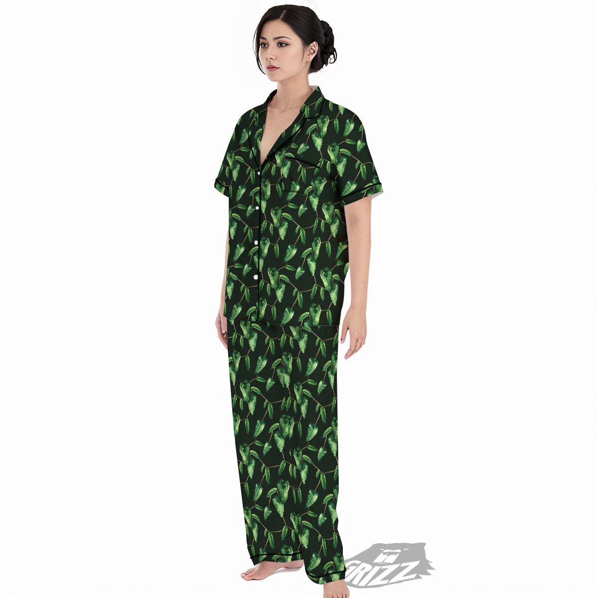 Ivy Leaf Watercolor Print Pattern Women's Pajamas Set-grizzshop