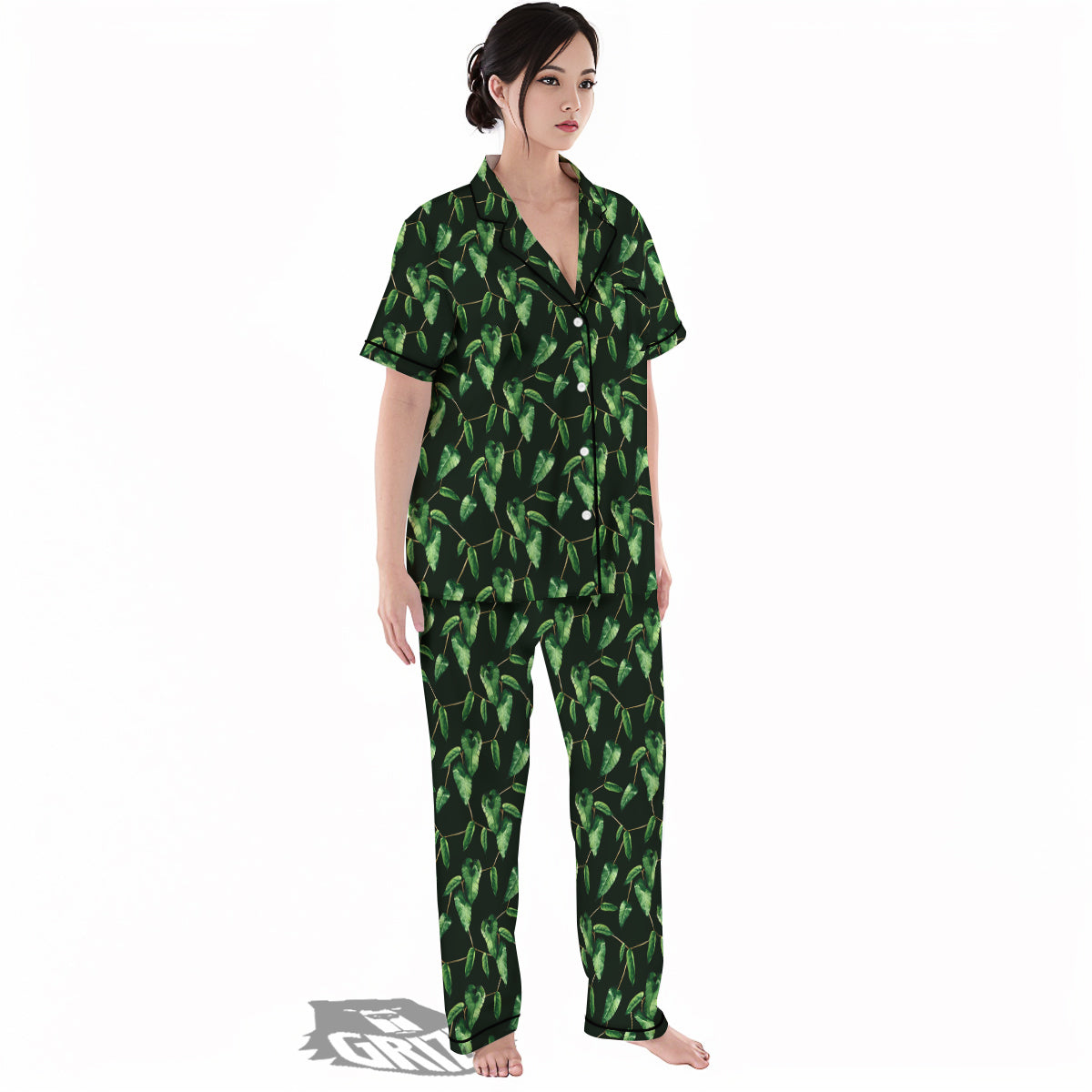 Ivy Leaf Watercolor Print Pattern Women's Pajamas Set-grizzshop