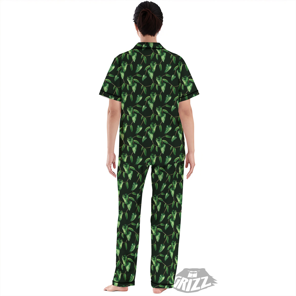 Ivy Leaf Watercolor Print Pattern Women's Pajamas Set-grizzshop