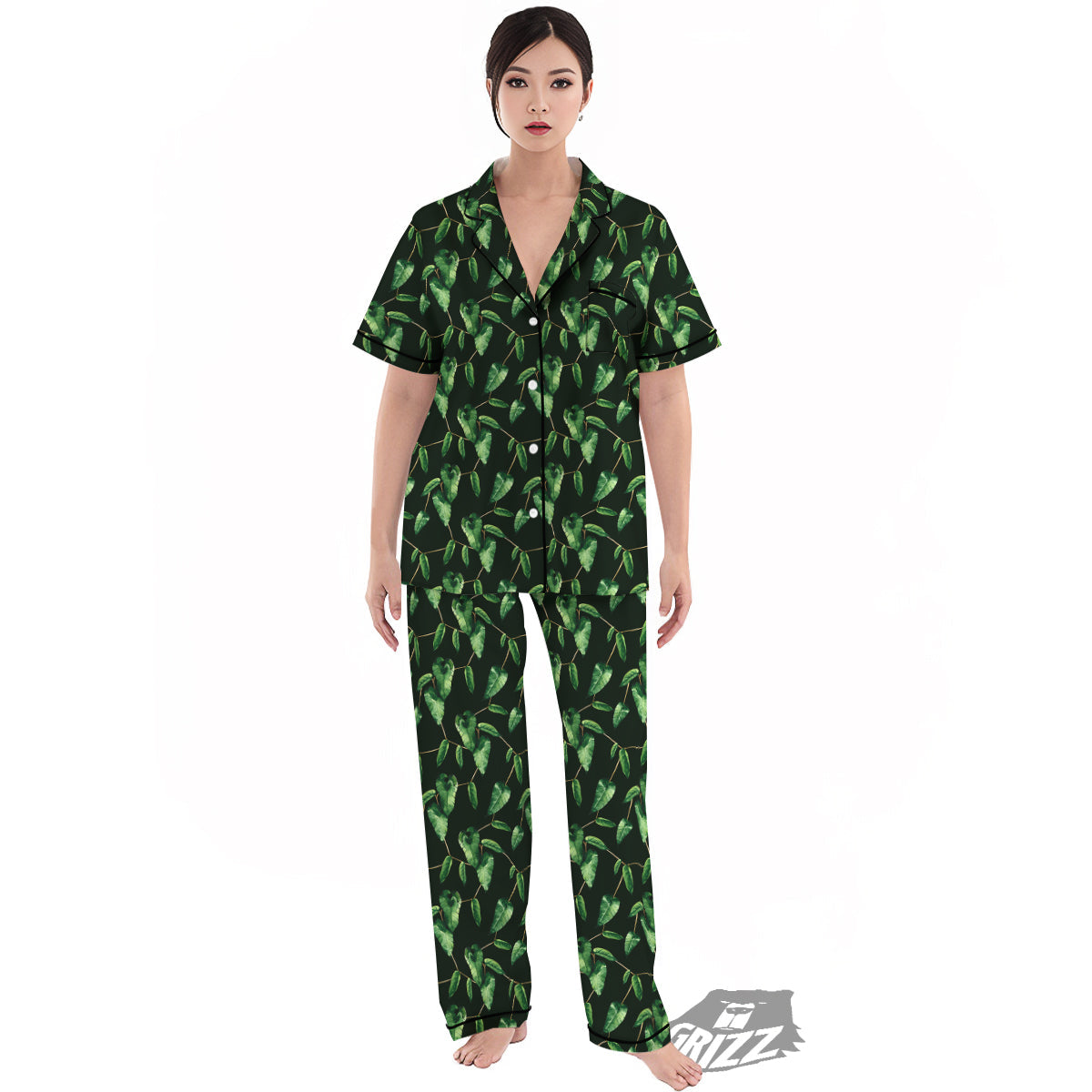 Ivy Leaf Watercolor Print Pattern Women's Pajamas Set-grizzshop