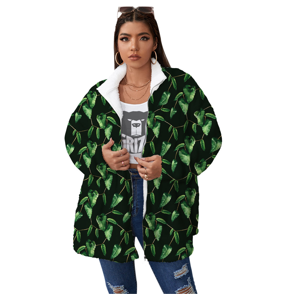 Ivy Leaf Watercolor Print Pattern Women's Sherpa Jacket-grizzshop