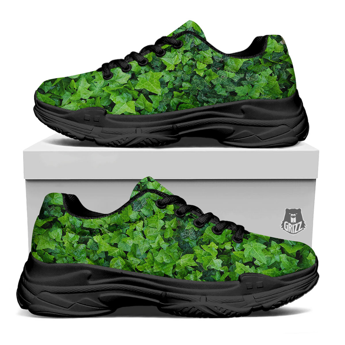 Ivy Wall Green Print Black Chunky Shoes-grizzshop
