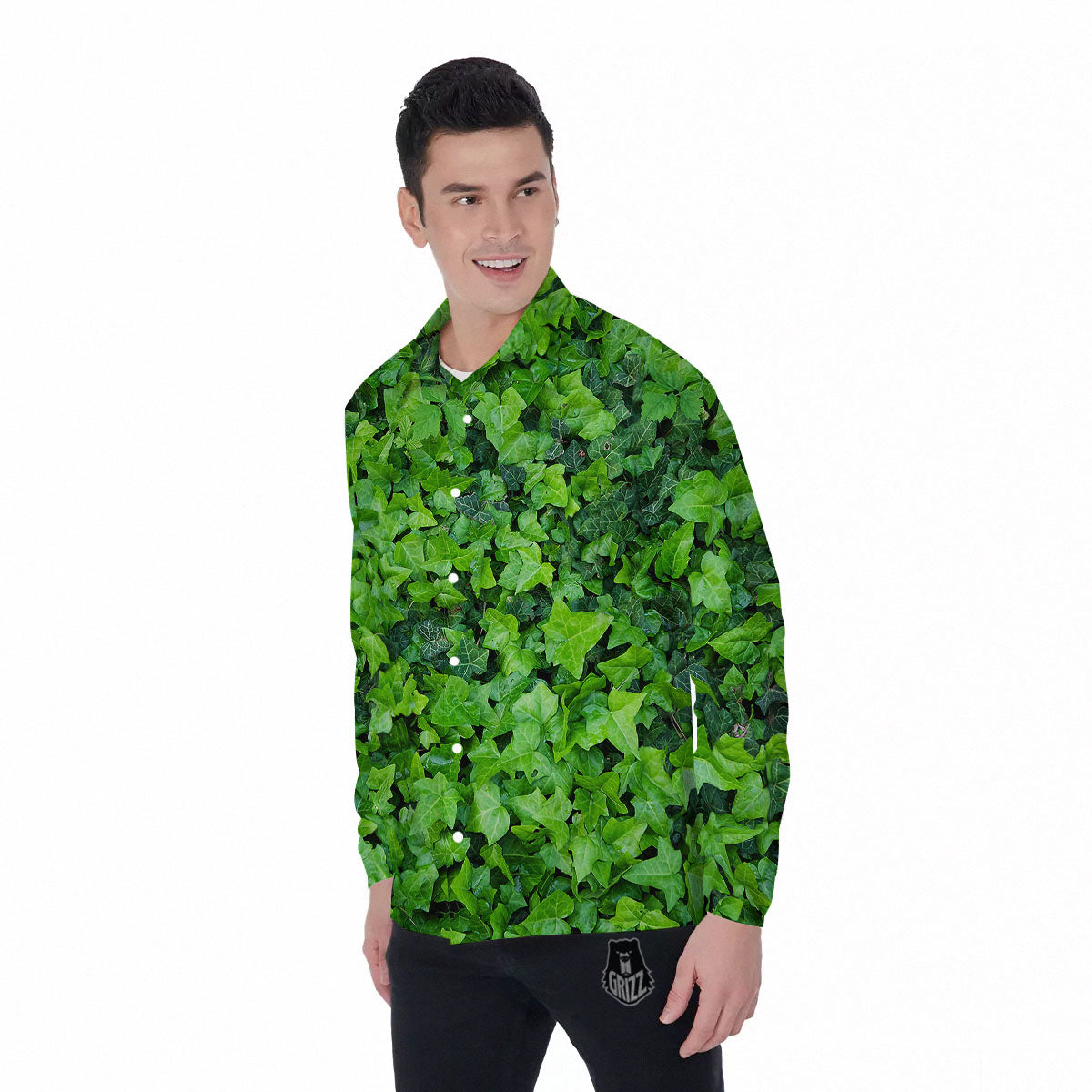 Ivy Wall Green Print Men's Long Sleeve Shirts-grizzshop