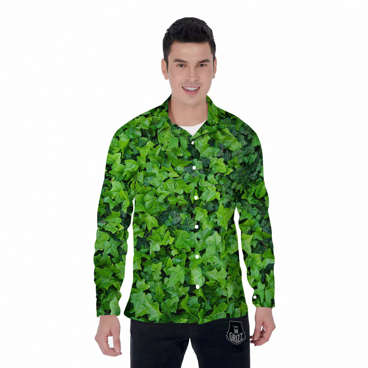 Ivy Wall Green Print Men's Long Sleeve Shirts-grizzshop
