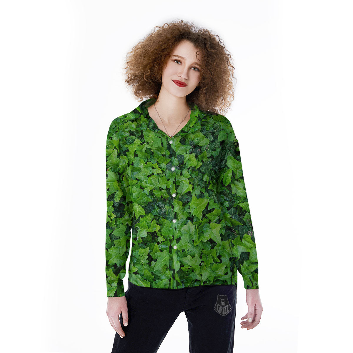 Ivy Wall Green Print Women's Long Sleeve Shirts-grizzshop