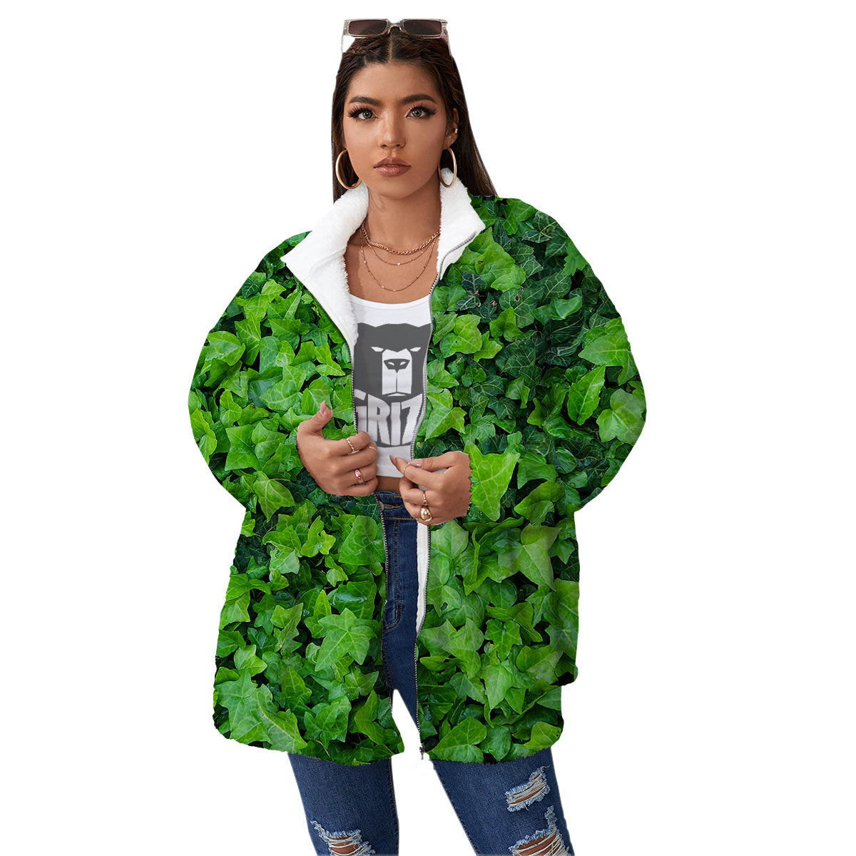 Ivy Wall Green Print Women's Sherpa Jacket-grizzshop