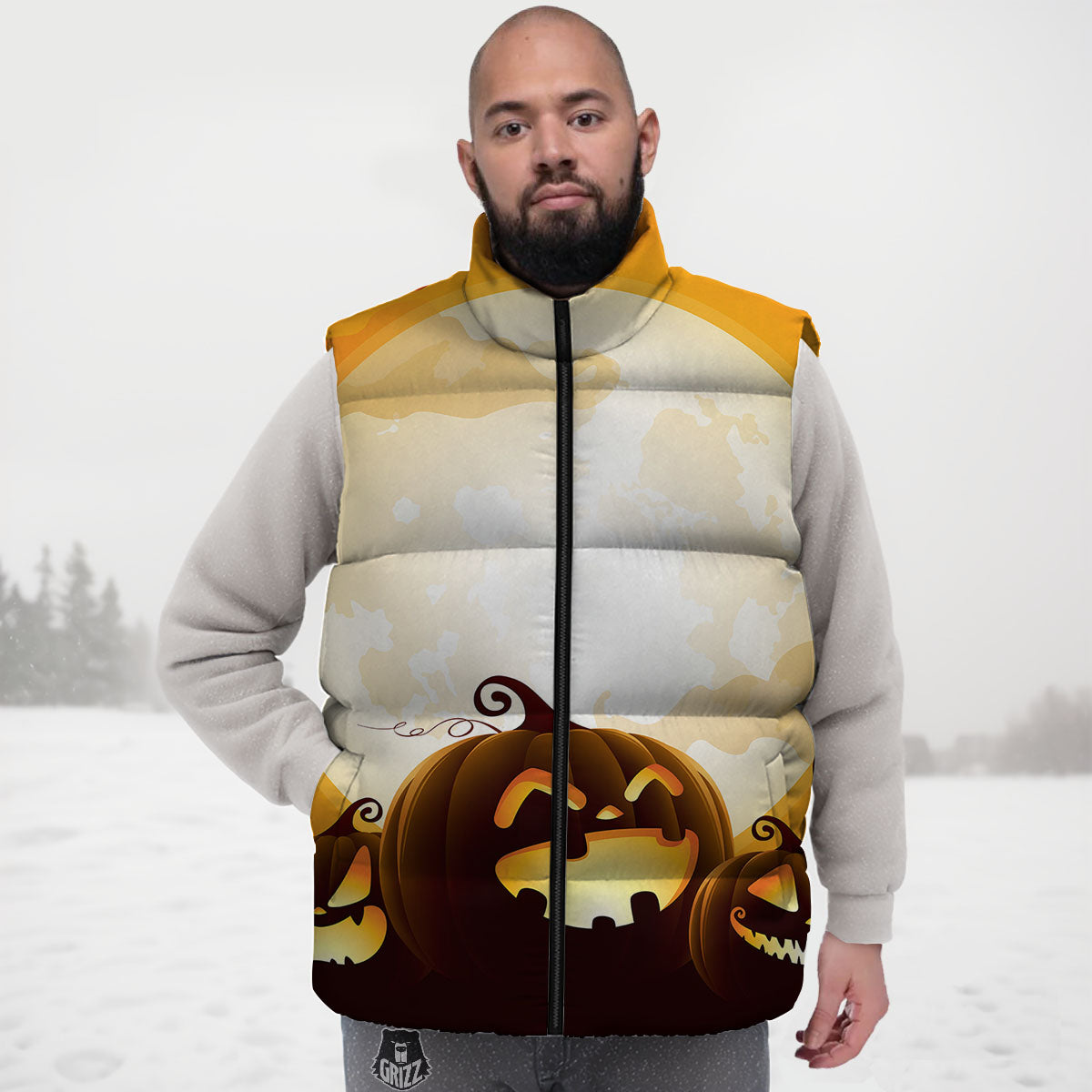 Jack-O'-Lantern Pumpkin Halloween Print Down Vest