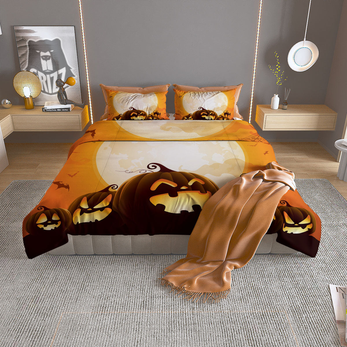 Jack-O'-Lantern Pumpkin Halloween Print Duvet Cover Bedding Set