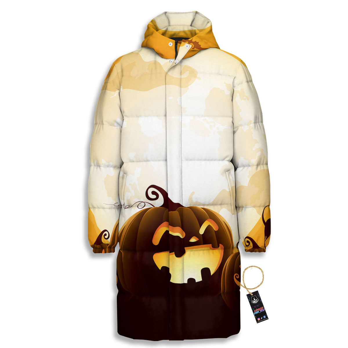 Jack-O'-Lantern Pumpkin Halloween Print Long Down Jacket-grizzshop
