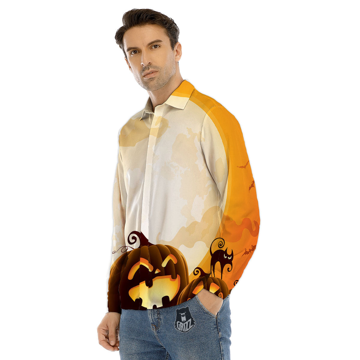 Jack-O'-Lantern Pumpkin Halloween Print Men's Dress Shirts-grizzshop