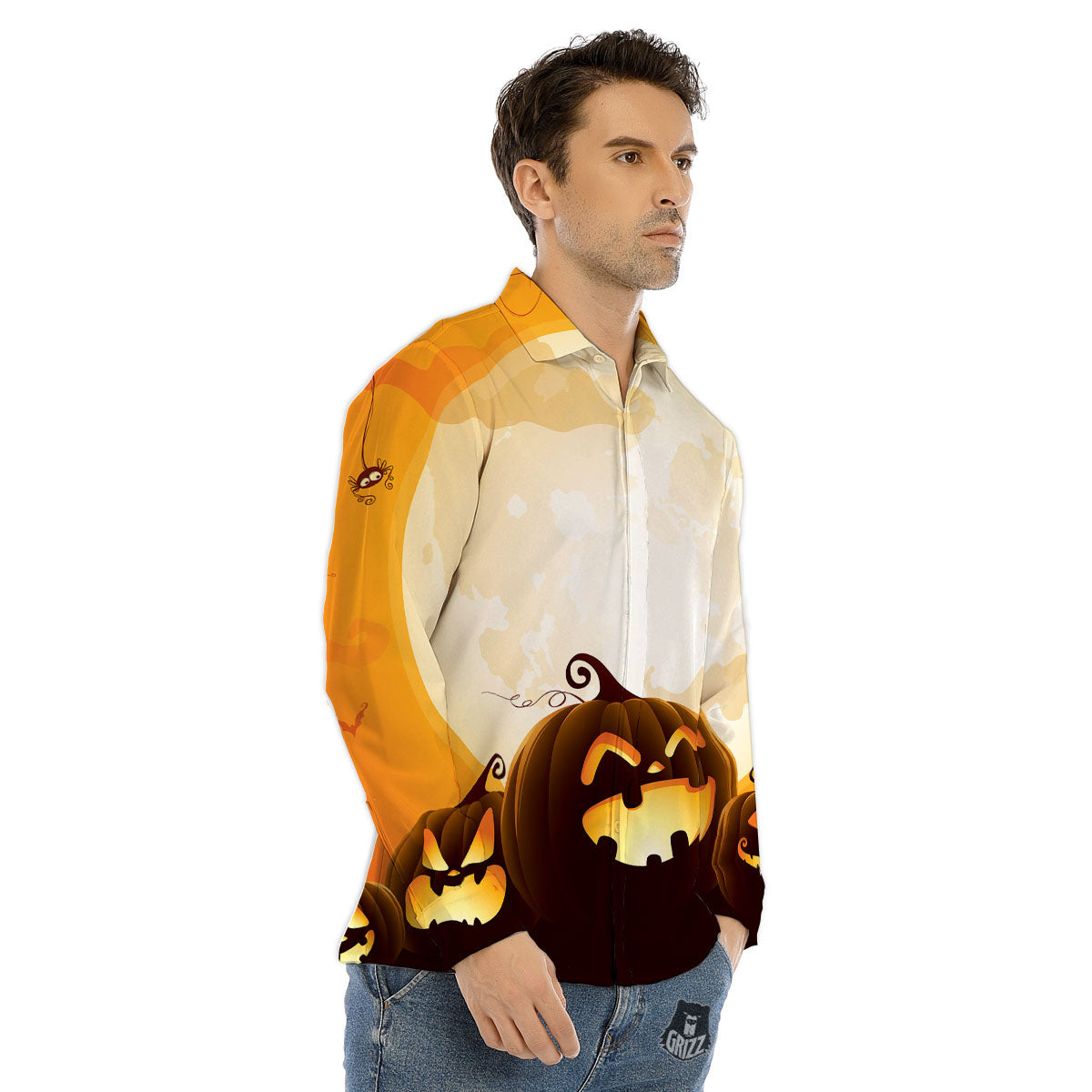 Jack-O'-Lantern Pumpkin Halloween Print Men's Dress Shirts-grizzshop