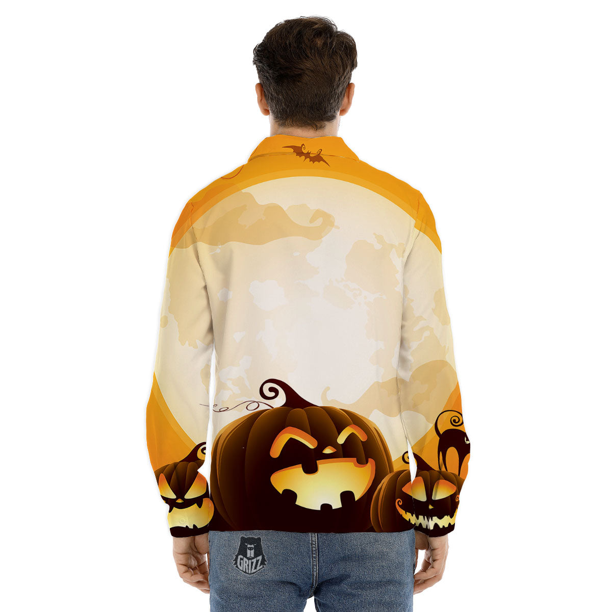 Jack-O'-Lantern Pumpkin Halloween Print Men's Dress Shirts-grizzshop
