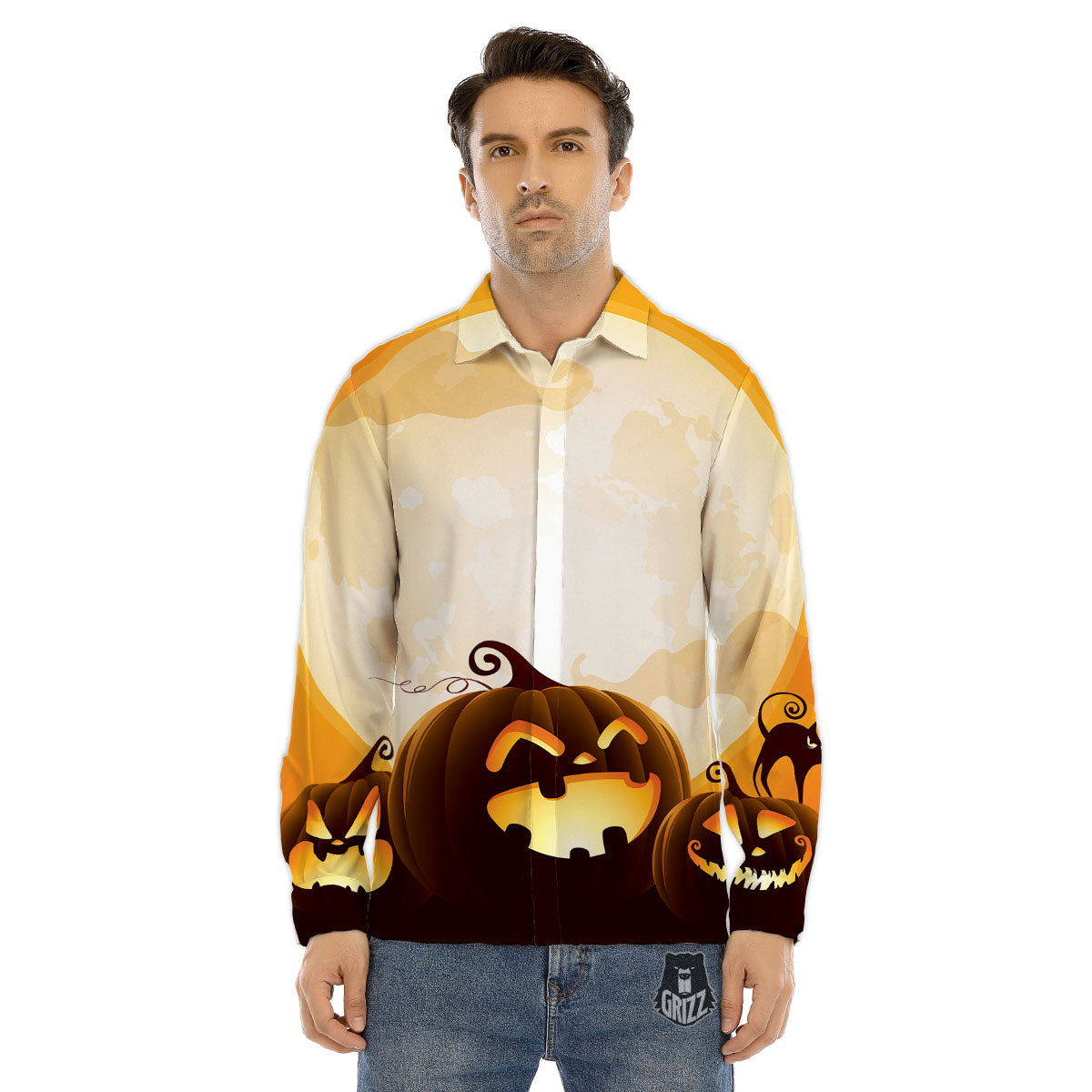 Jack-O'-Lantern Pumpkin Halloween Print Men's Dress Shirts-grizzshop