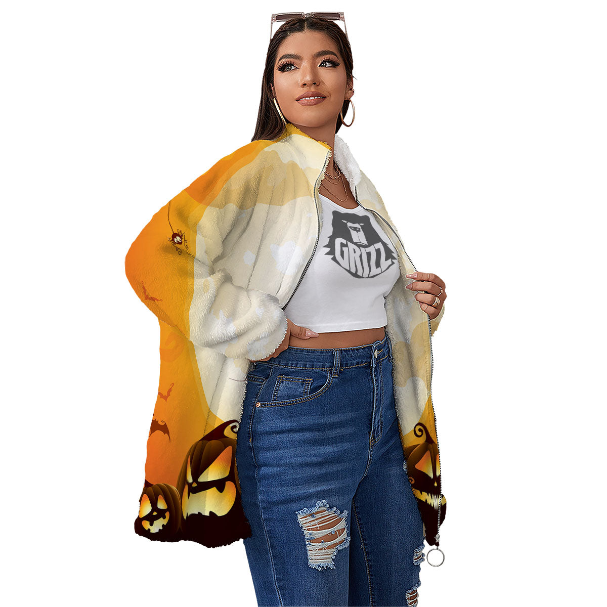 Jack-O'-Lantern Pumpkin Halloween Print Women's Sherpa Jacket-grizzshop