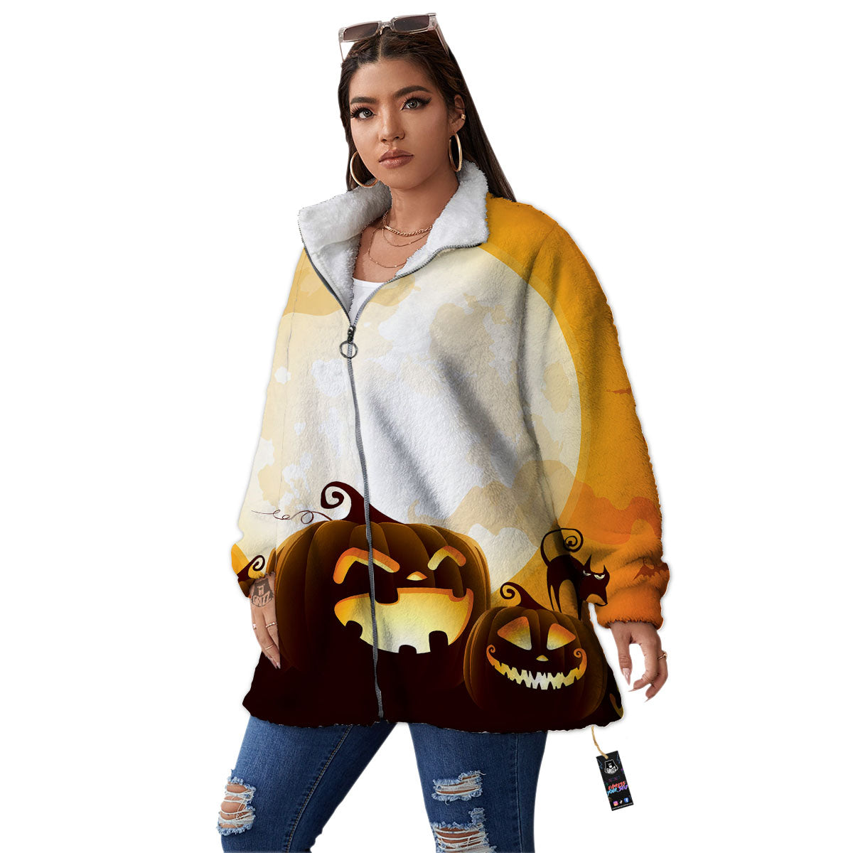 Jack-O'-Lantern Pumpkin Halloween Print Women's Sherpa Jacket-grizzshop