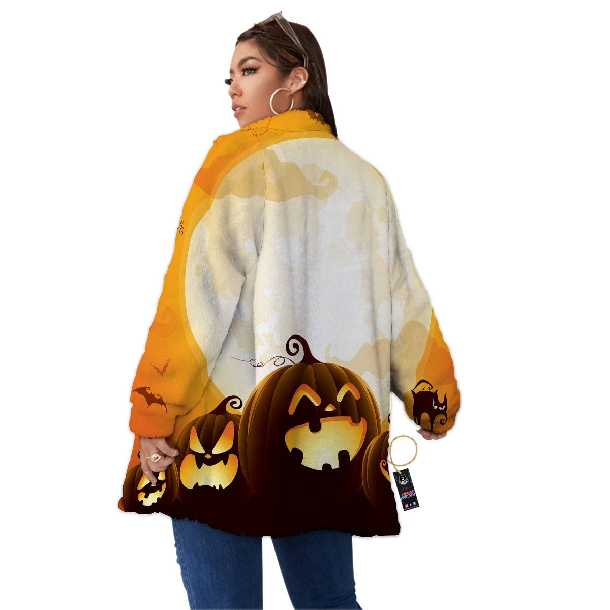 Jack-O'-Lantern Pumpkin Halloween Print Women's Sherpa Jacket-grizzshop