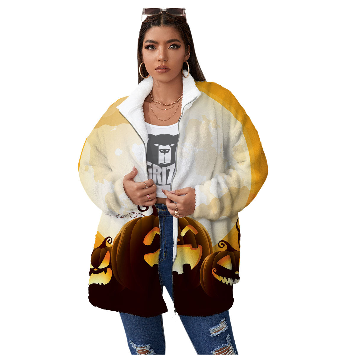 Jack-O'-Lantern Pumpkin Halloween Print Women's Sherpa Jacket-grizzshop