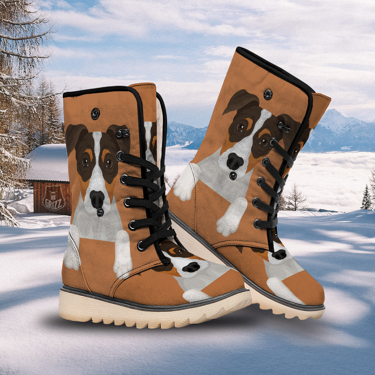 Jack Russell Terrier Cartoon Print Snow Boots-grizzshop