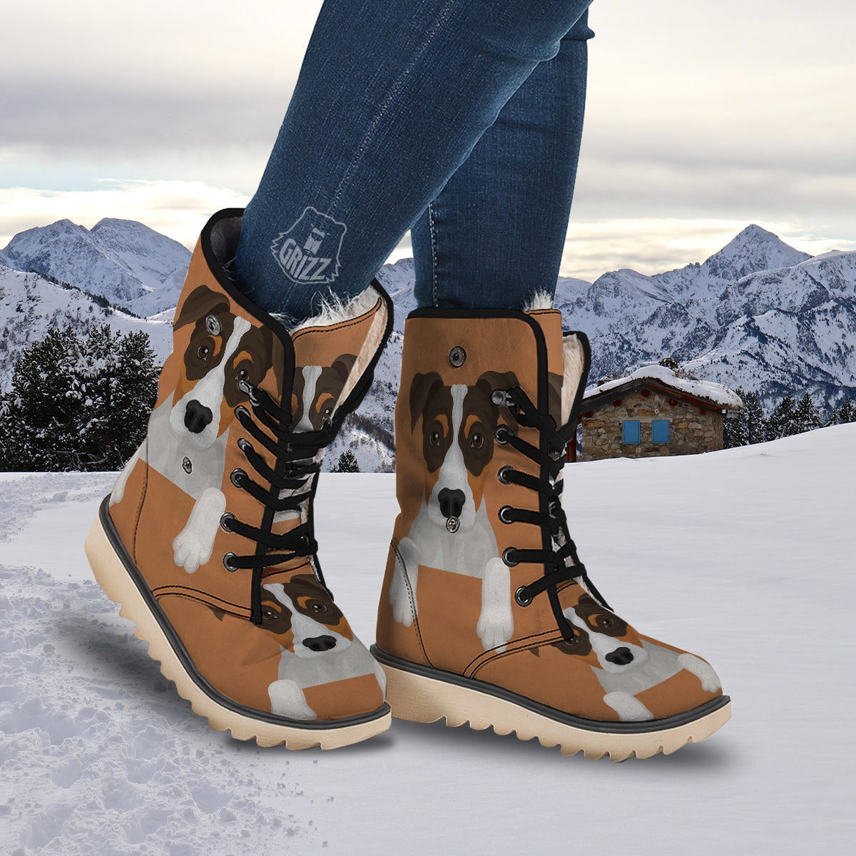 Jack Russell Terrier Cartoon Print Snow Boots-grizzshop