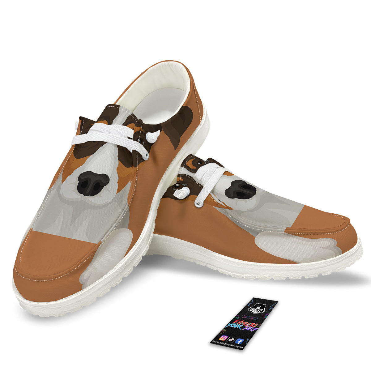 Jack Russell Terrier Cartoon Print White Loafers-grizzshop