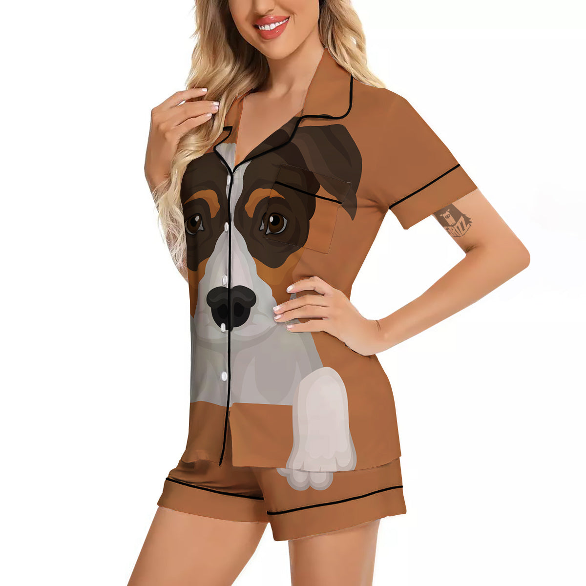 Jack Russell Terrier Cartoon Print Women Silk Pajamas-grizzshop