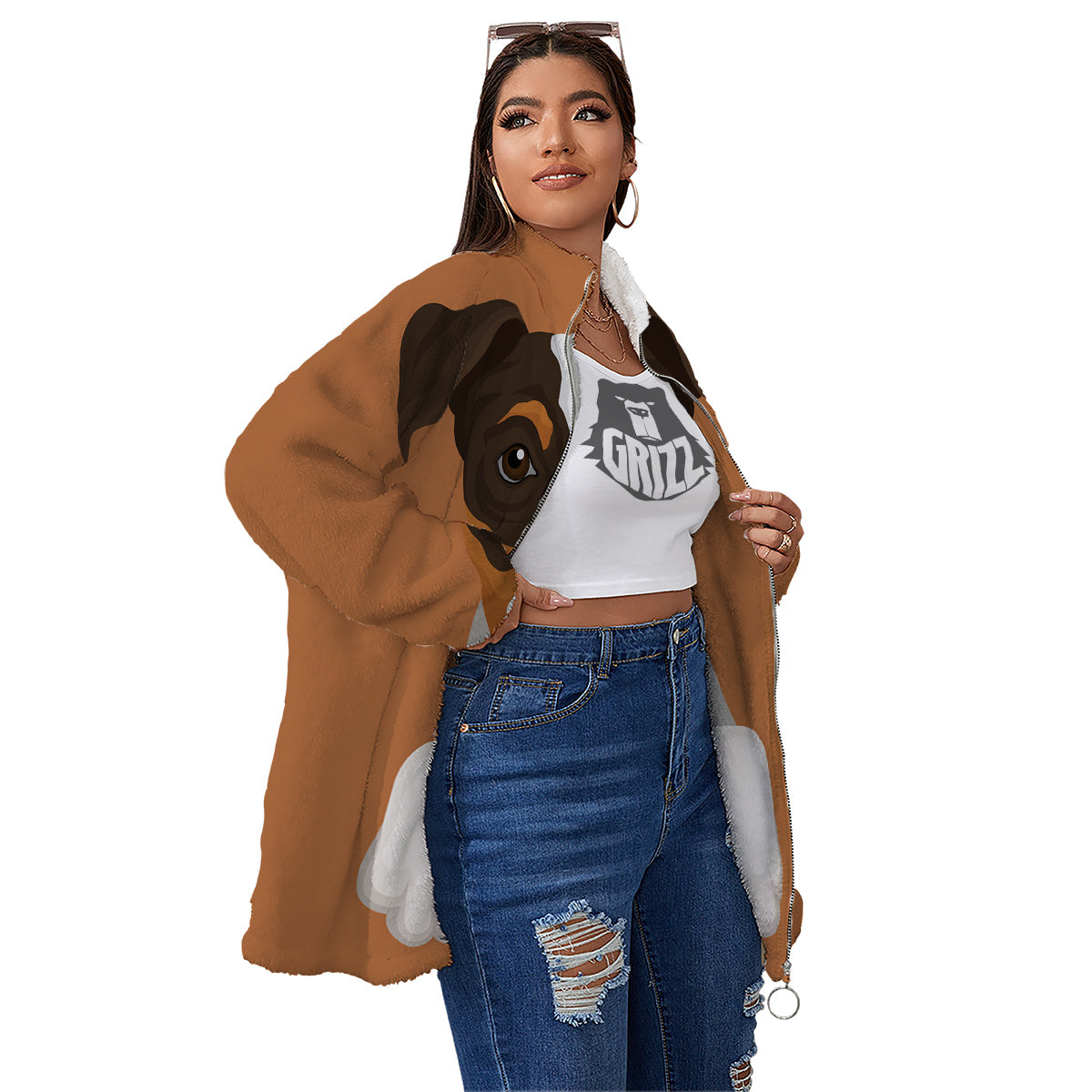Jack Russell Terrier Cartoon Print Women's Sherpa Jacket-grizzshop