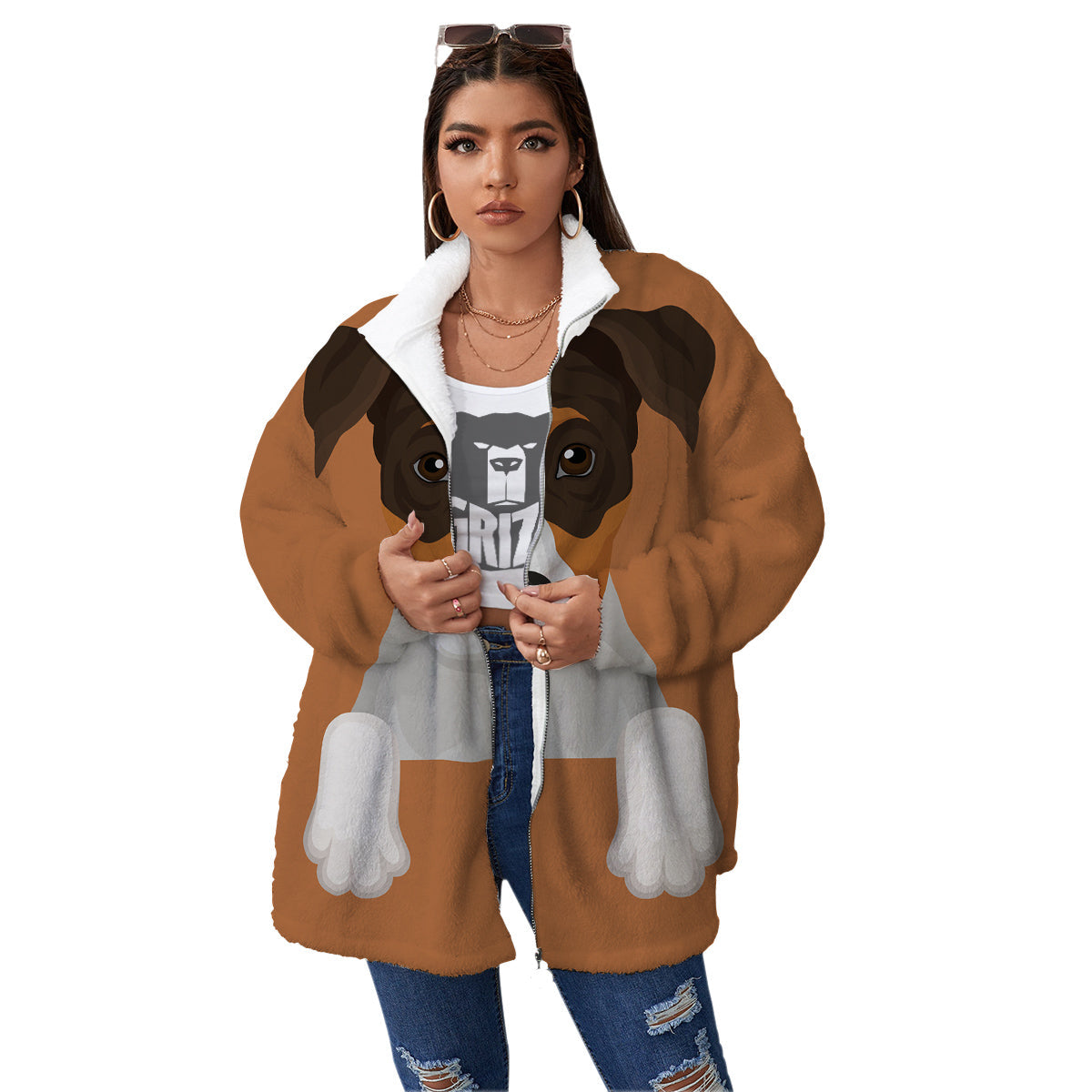 Jack Russell Terrier Cartoon Print Women's Sherpa Jacket-grizzshop