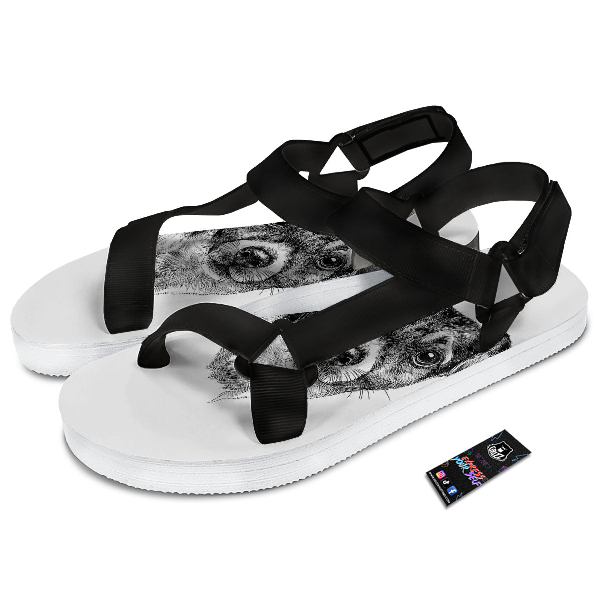 Jack Russell Terrier Drawing Print Black Open Toe Sandals-grizzshop