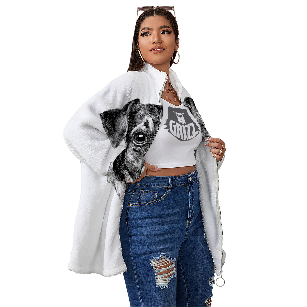 Jack Russell Terrier Drawing Print Women's Sherpa Jacket-grizzshop