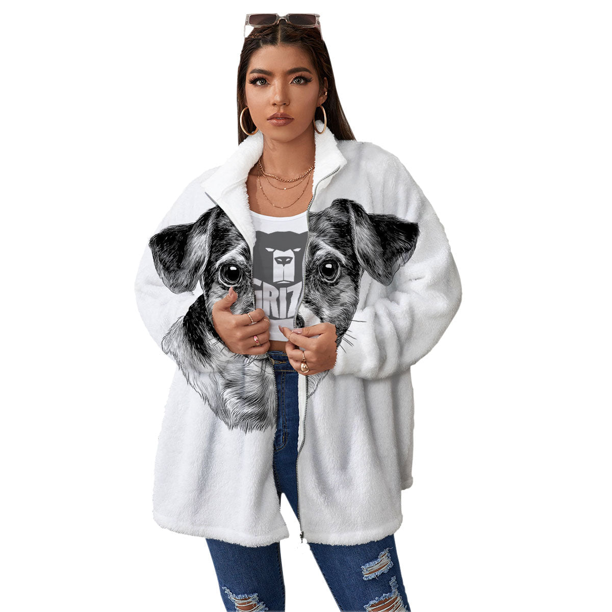 Jack Russell Terrier Drawing Print Women's Sherpa Jacket-grizzshop