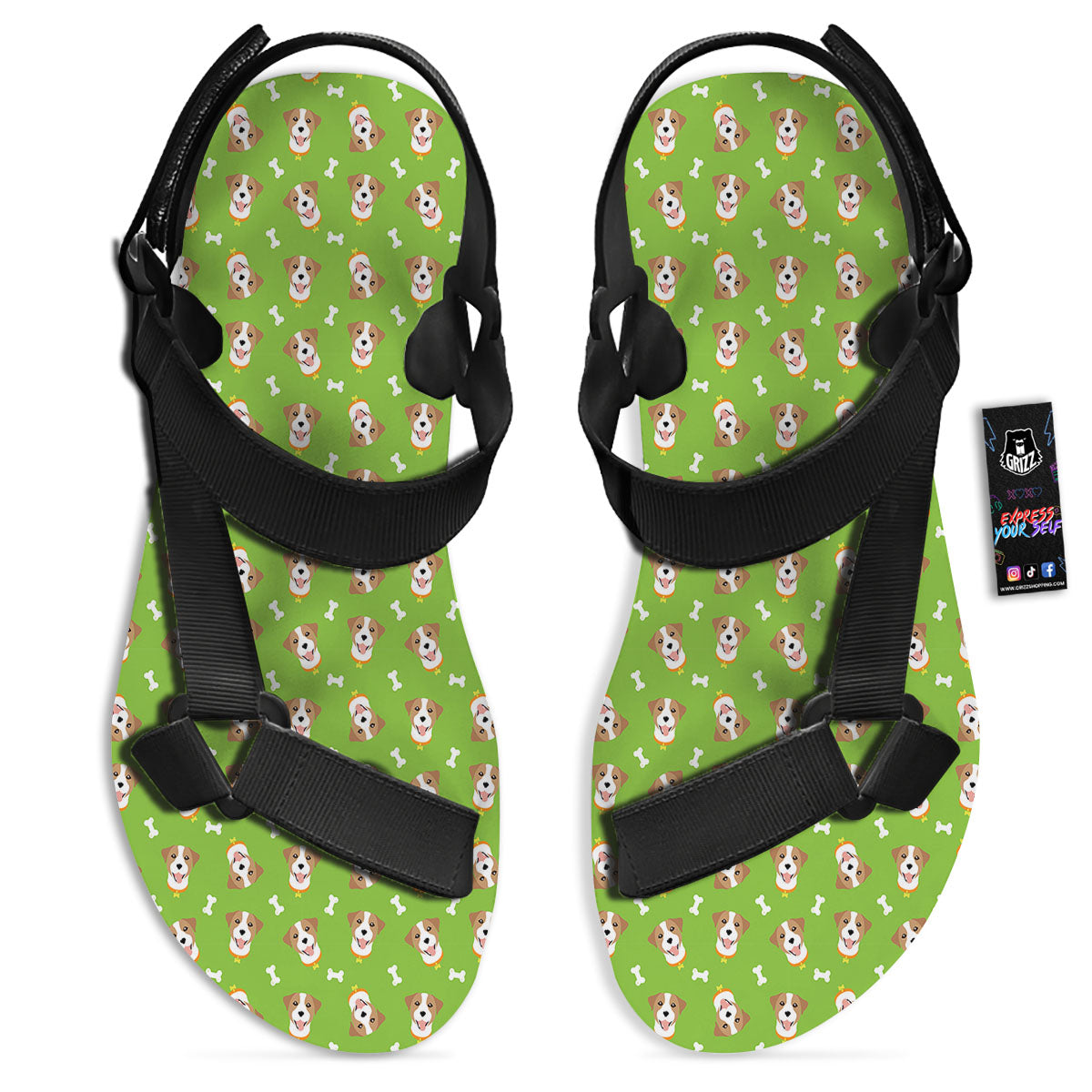 Jack Russell Terrier Happy Print Pattern Black Open Toe Sandals-grizzshop
