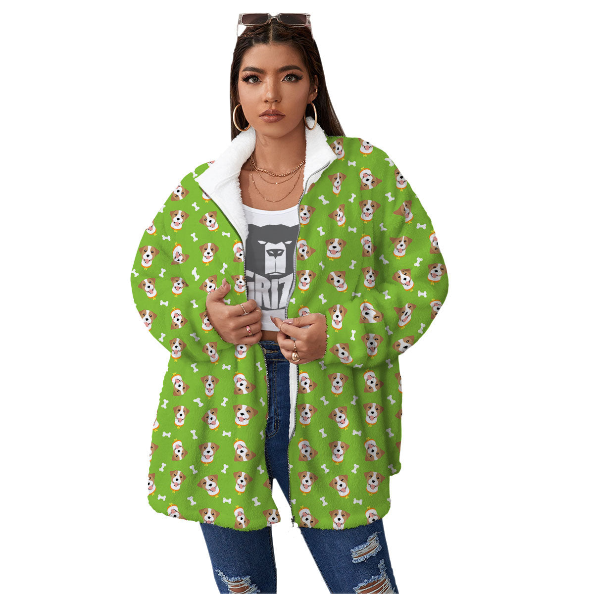 Jack Russell Terrier Happy Print Pattern Women's Sherpa Jacket-grizzshop