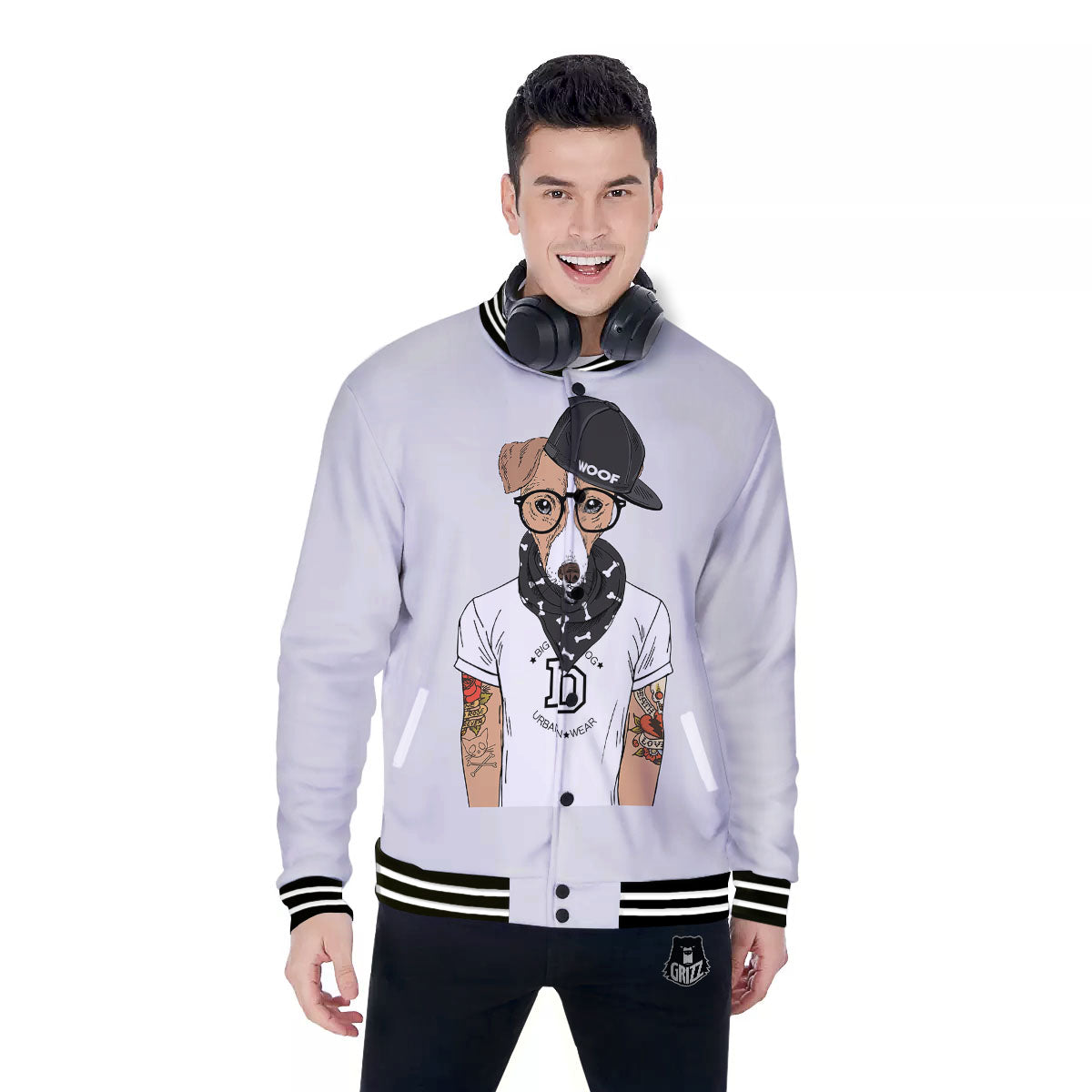 Jack Russell Terrier Hipster Print Baseball Jacket-grizzshop