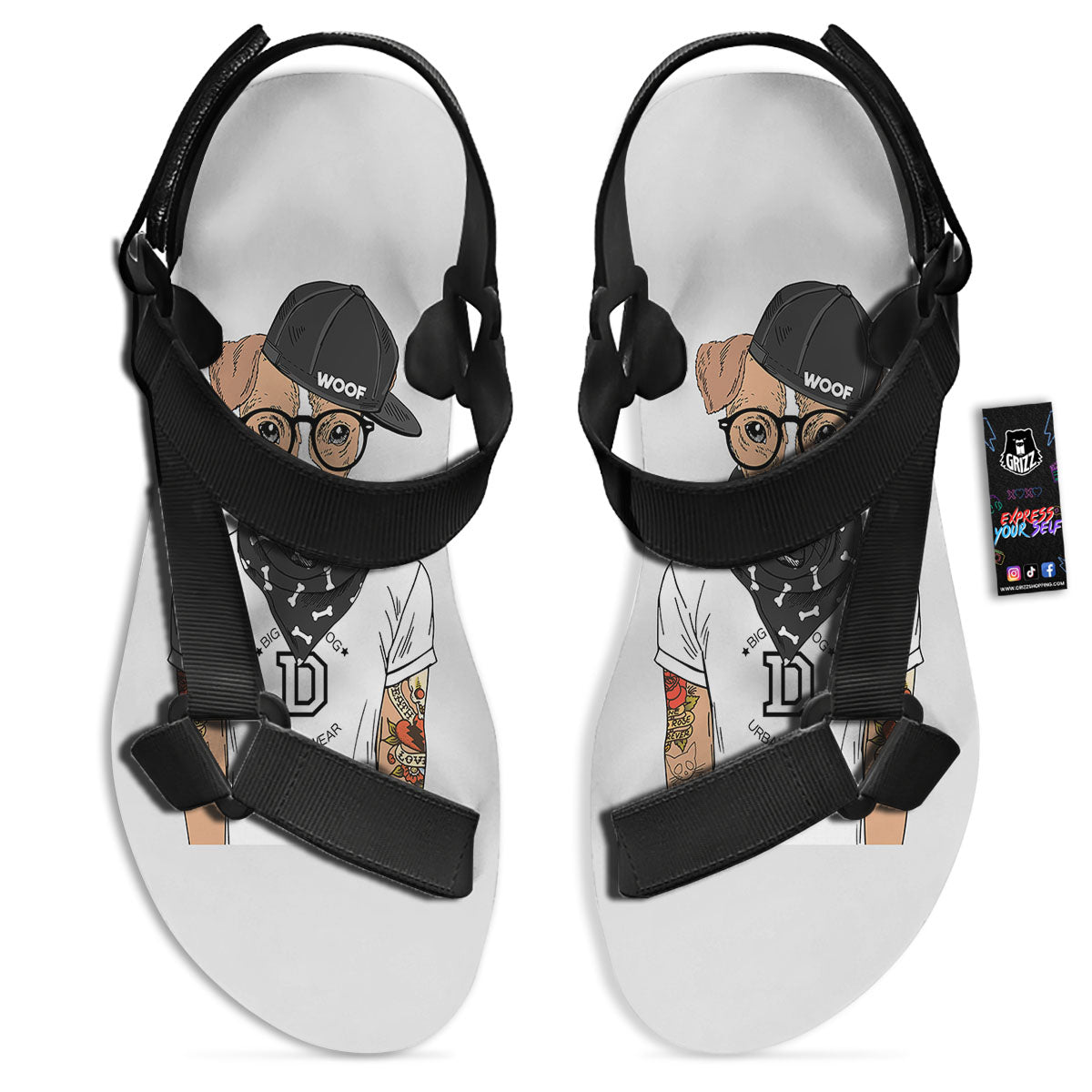 Jack Russell Terrier Hipster Print Black Open Toe Sandals-grizzshop