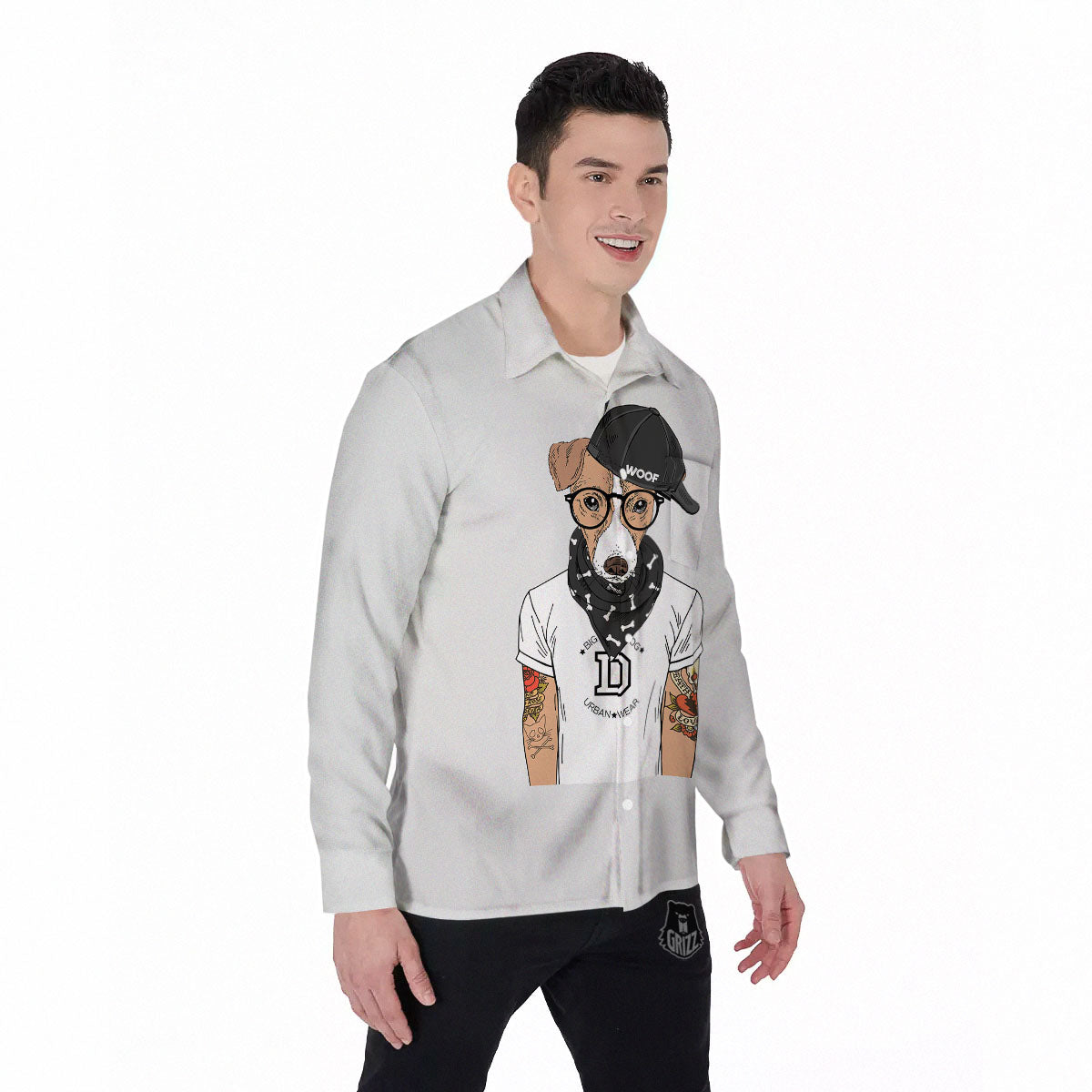 Jack Russell Terrier Hipster Print Men's Long Sleeve Shirts-grizzshop