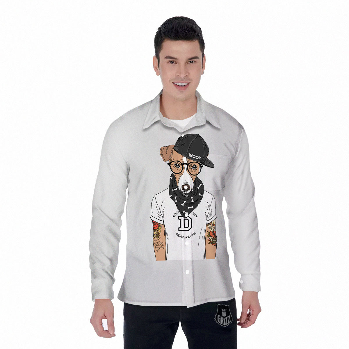 Jack Russell Terrier Hipster Print Men's Long Sleeve Shirts-grizzshop