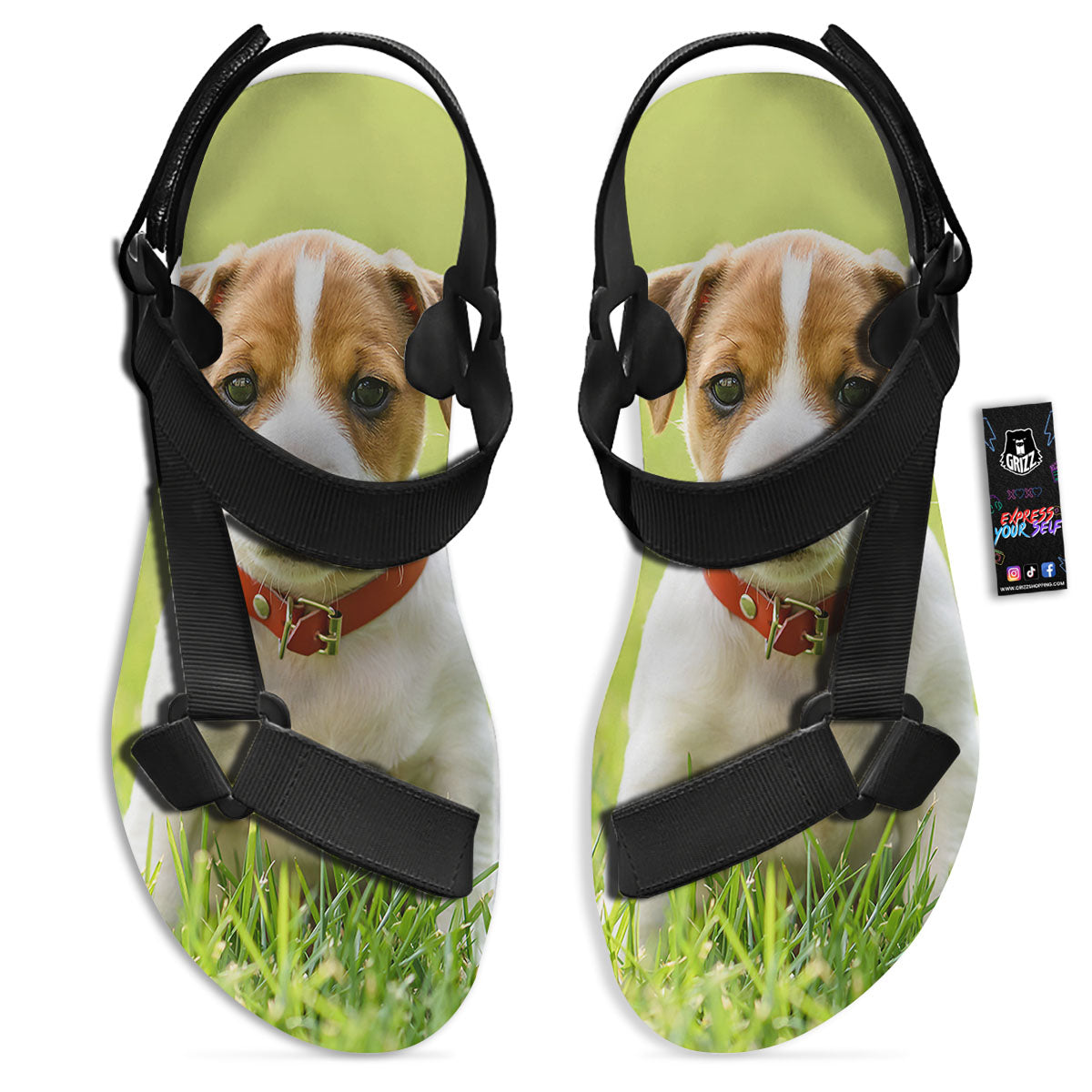 Jack Russell Terrier Little Print Black Open Toe Sandals-grizzshop