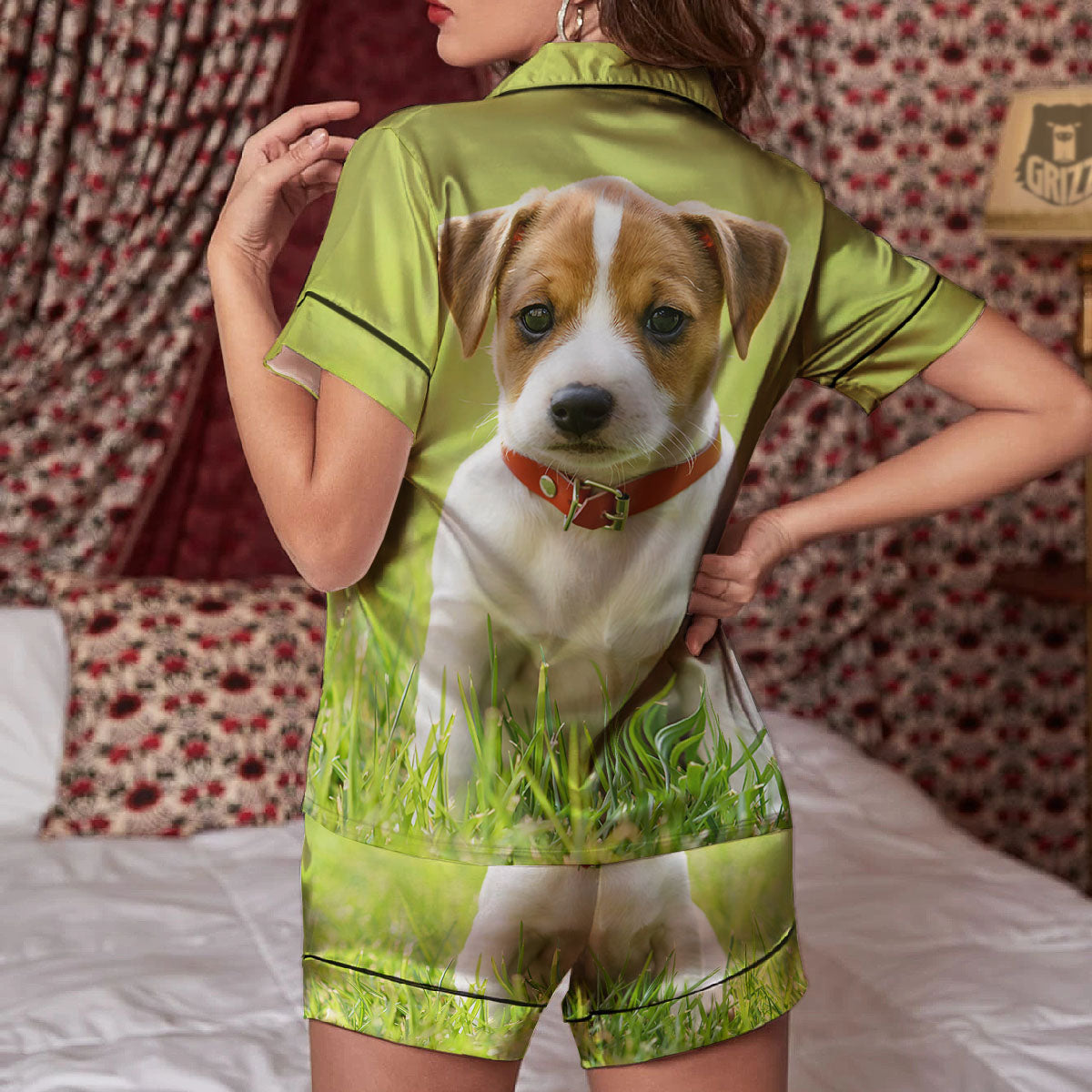 Jack Russell Terrier Little Print Women Silk Pajamas-grizzshop