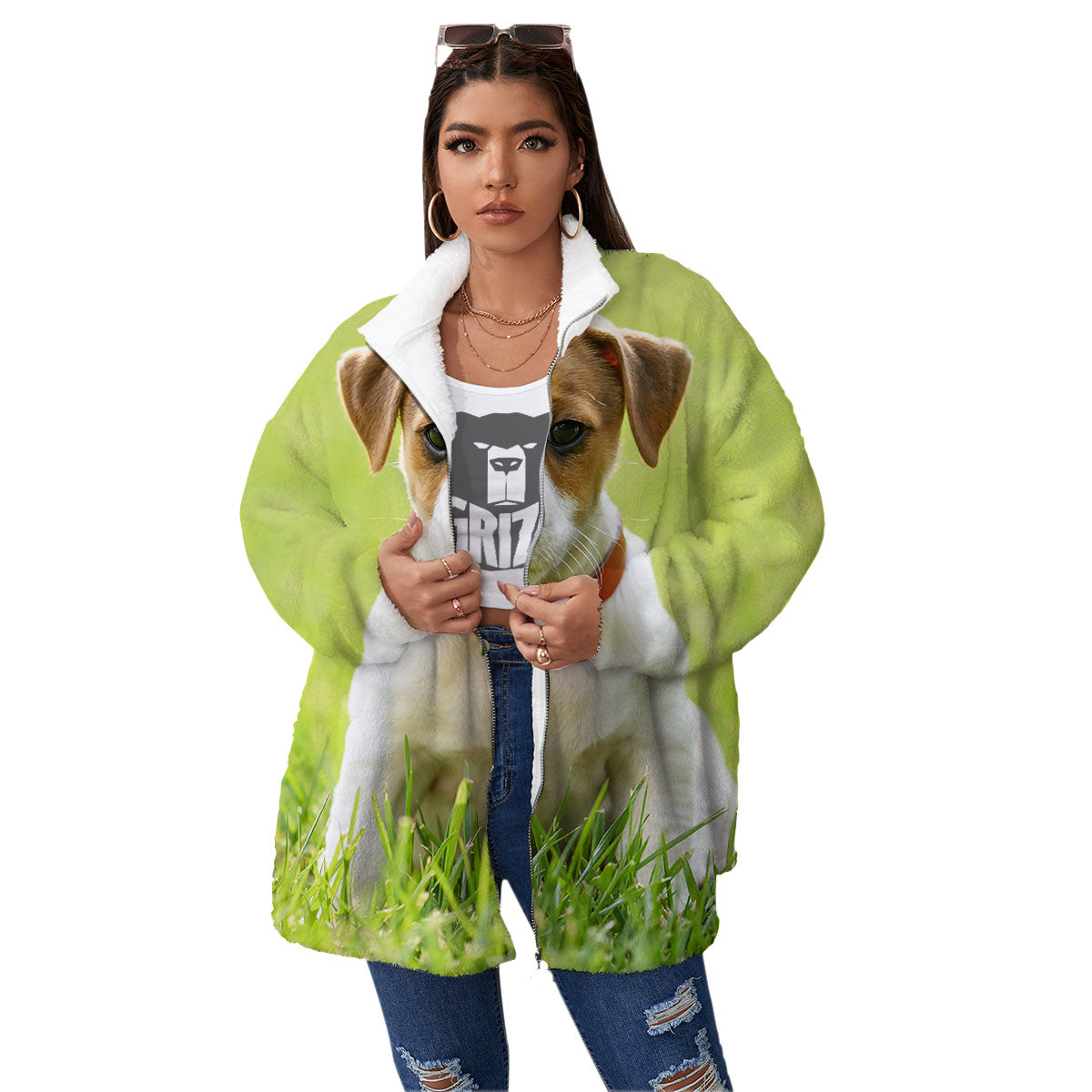 Jack Russell Terrier Little Print Women's Sherpa Jacket-grizzshop