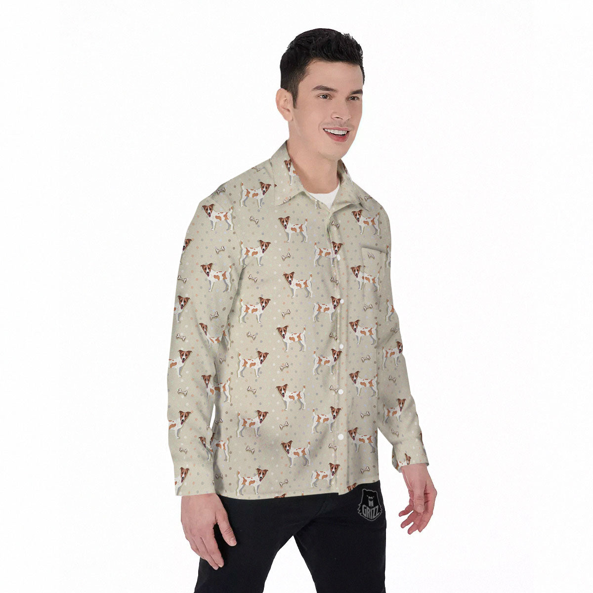 Jack Russell Terrier Polka Dot Print Pattern Men's Long Sleeve Shirts-grizzshop