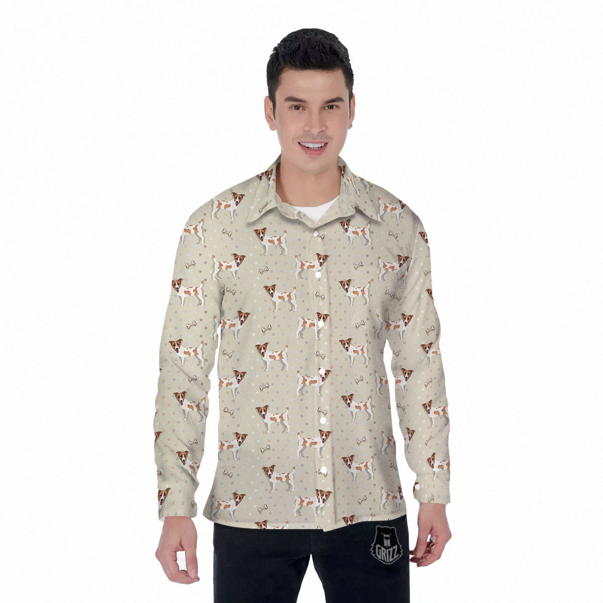 Jack Russell Terrier Polka Dot Print Pattern Men's Long Sleeve Shirts-grizzshop