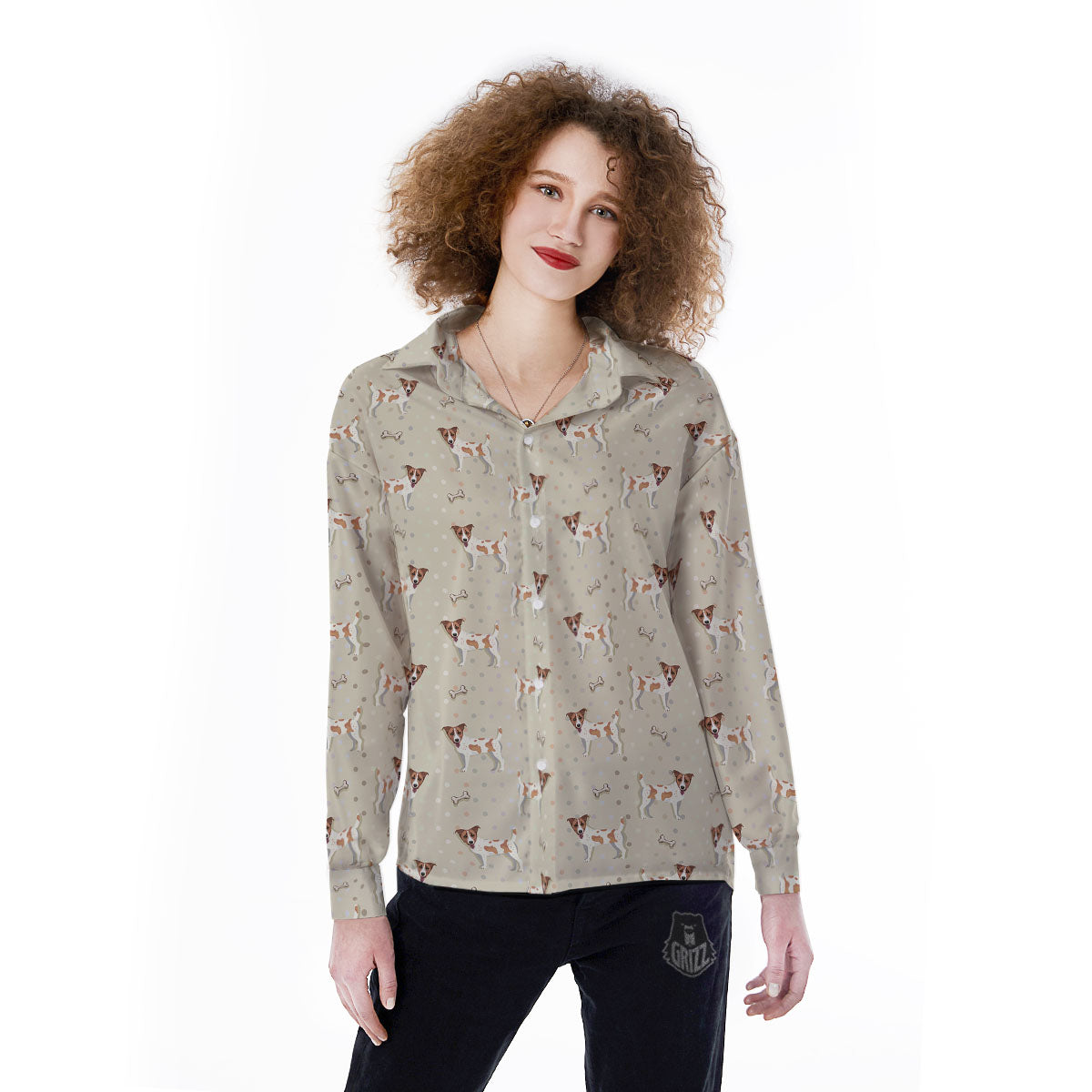 Jack Russell Terrier Polka Dot Print Pattern Women's Long Sleeve Shirts-grizzshop