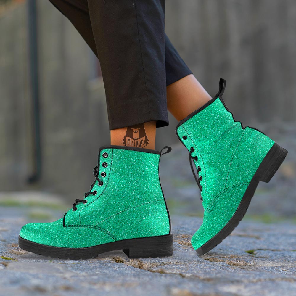 Jade Glitter Artwork Print Leather Boots-grizzshop