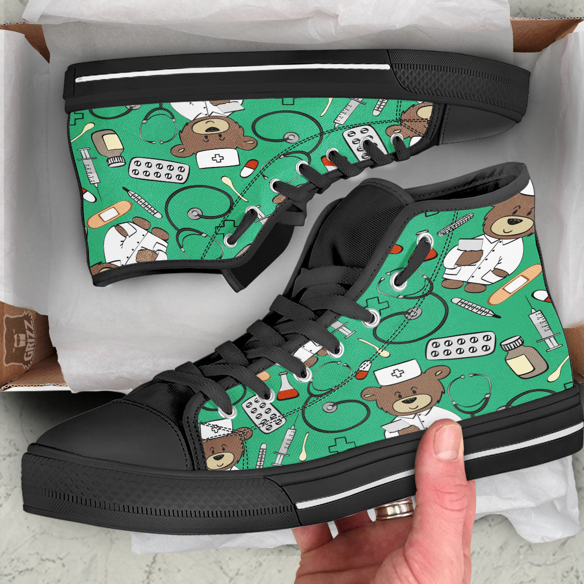 Jade Teddy Bear Nurse Black High Top Shoes-grizzshop