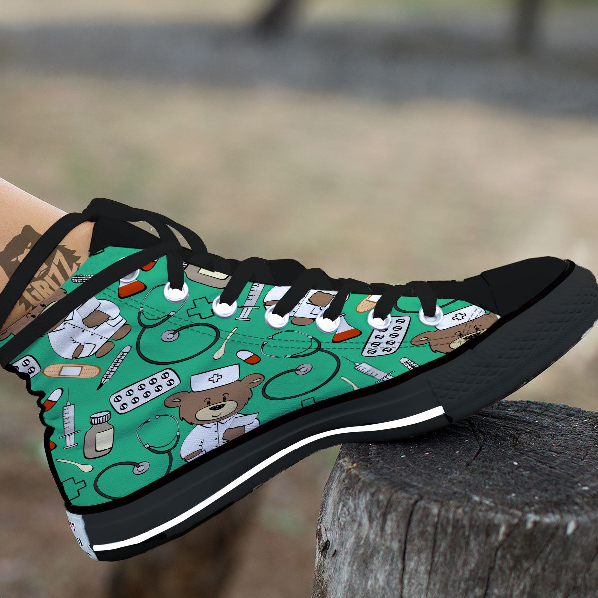 Jade Teddy Bear Nurse Black High Top Shoes-grizzshop